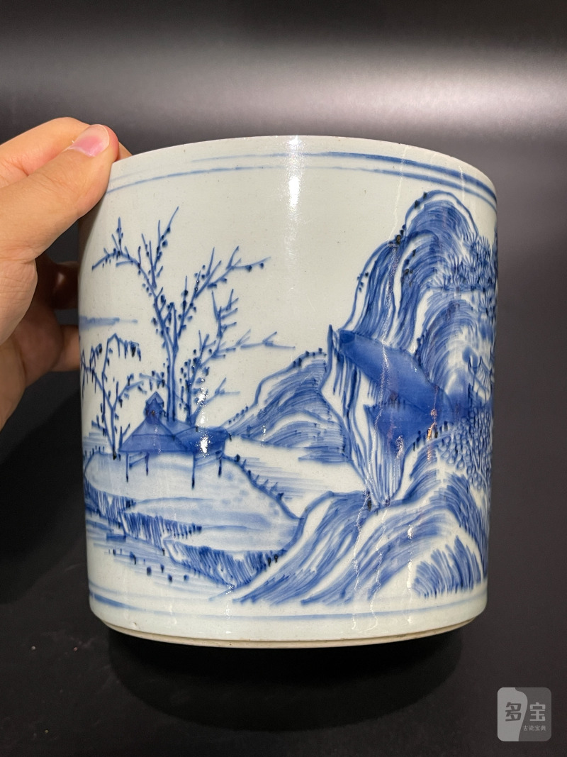 清康熙 青花山水松阁图笔筒 - 图11